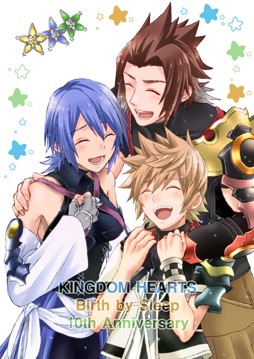 1girl, 2boys, aqua_(kingdom_hearts), arm_around_neck, arm_around_shoulder, armor, bangs, bare_shoulders