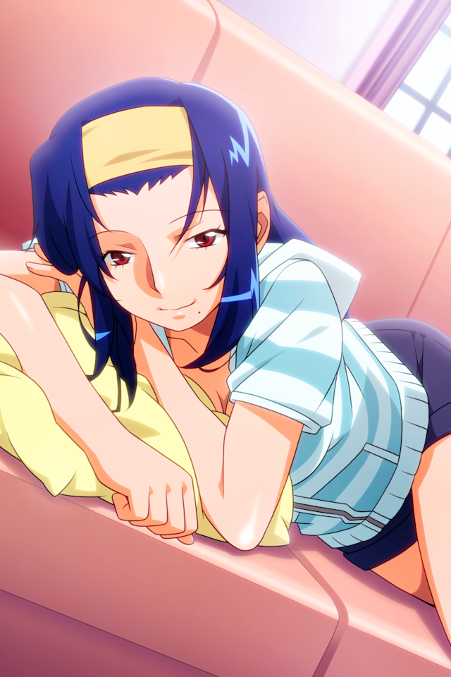 1girl, asahina_natsuki, blue_hair, couch, hairband, hood, hoodie, looking_at_viewer