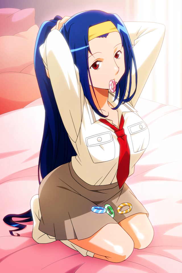 1girl, adjusting_hair, arms_up, asahina_natsuki, blue_hair, breast_pocket, brown_skirt, collared_shirt