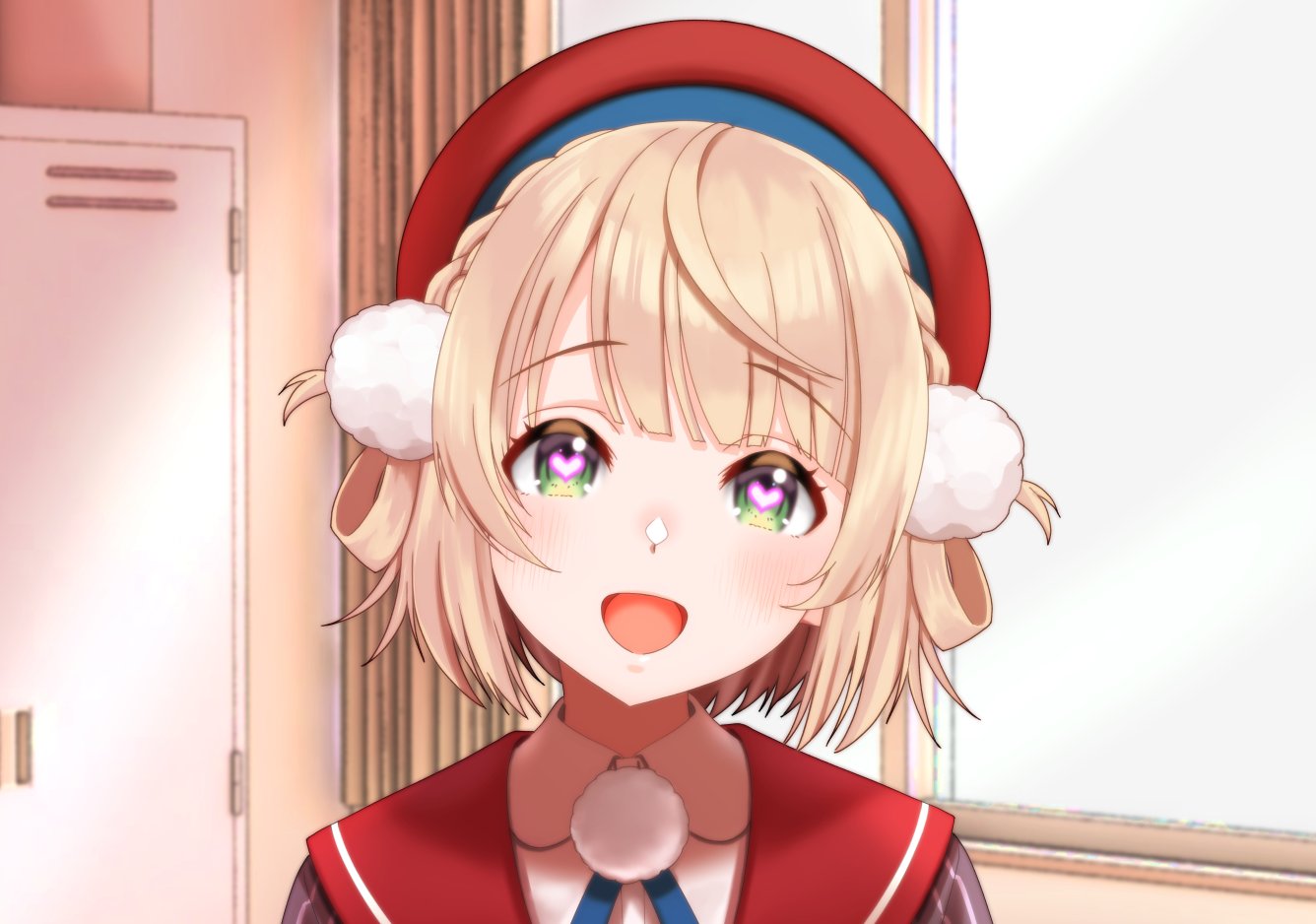 1girl, blonde_hair, braid, crown_braid, green_eyes, hair_ornament, hair_rings, heart