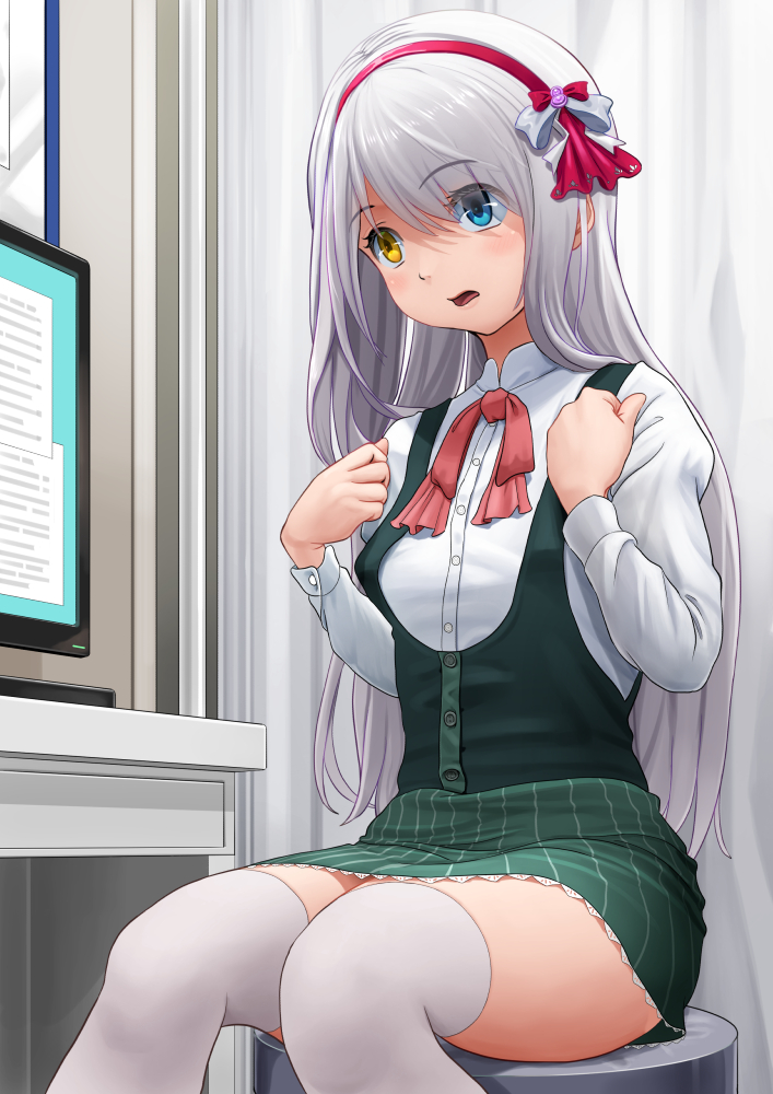 1girl, amanogawa_saya, blue_eyes, commission, green_skirt, grey_hair, hairband, heterochromia