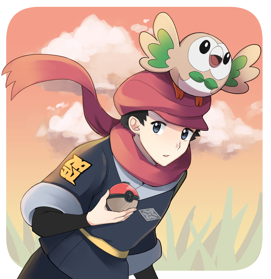 1boy, black_hair, black_shirt, blue_eyes, border, clouds, commentary_request, eri_(rcn_natural13), floating_scarf, grey_jacket, hand_up, hat, holding, holding_poke_ball, jacket, logo, male_focus, on_head, outdoors, outside_border, pants, parted_lips, poke_ball, poke_ball_(legends), pokemon, pokemon_(creature), pokemon_(game), pokemon_legends:_arceus, pokemon_on_head, red_headwear, red_scarf, rei_(pokemon), rowlet, scarf, shirt, short_hair, sky, twilight, white_border