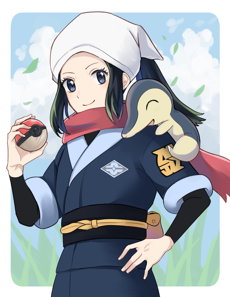 1girl, akari_(pokemon), black_hair, black_sash, black_shirt, blue_eyes, closed_mouth, clouds