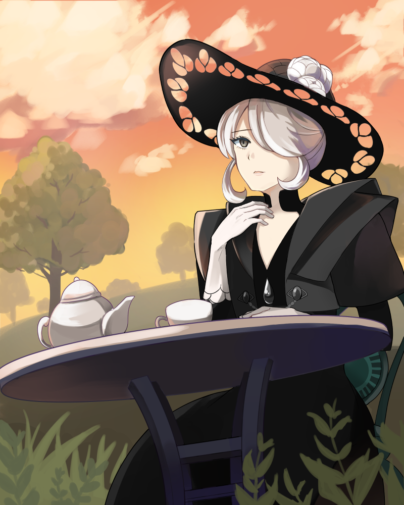 1girl, black_dress, black_headwear, chain, chair, clouds, cogita_(pokemon), commentary_request, cup, dress, eri_(rcn_natural13), eyelashes, flower, gloves, grass, grey_eyes, grey_hair, hair_over_one_eye, hand_up, hat, hat_flower, looking_up, outdoors, pokemon, pokemon_(game), pokemon_legends:_arceus, short_hair, sitting, sky, solo, table, teacup, teapot, tree, twilight, white_flower, white_gloves