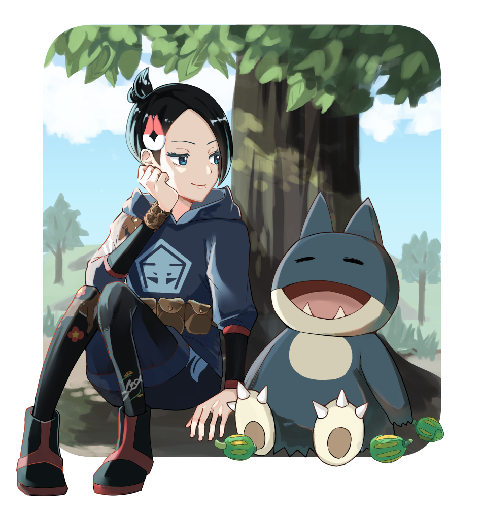 1girl, arm_support, black_hair, blue_eyes, boots, brown_bag, closed_mouth, clouds