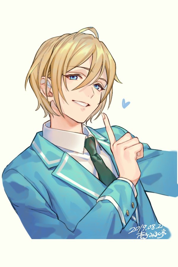 1boy, ahoge, aqua_jacket, artist_name, blue_eyes, collared_shirt, dated, ensemble_stars!, green_necktie, grin, hair_between_eyes, heart, ichiko_milk_tei, jacket, long_sleeves, looking_at_viewer, male_focus, necktie, parted_lips, pointing, portrait, shirt, short_hair, smile, solo, suit_jacket, tenshouin_eichi, white_shirt