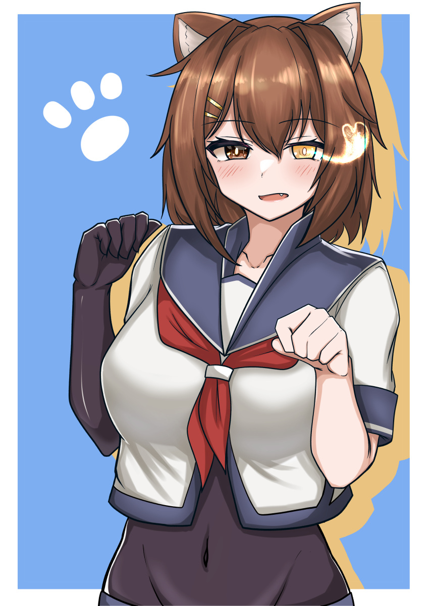 1girl, absurdres, animal_ears, black_bodysuit, blue_background, blue_sailor_collar, bodysuit, brown_hair