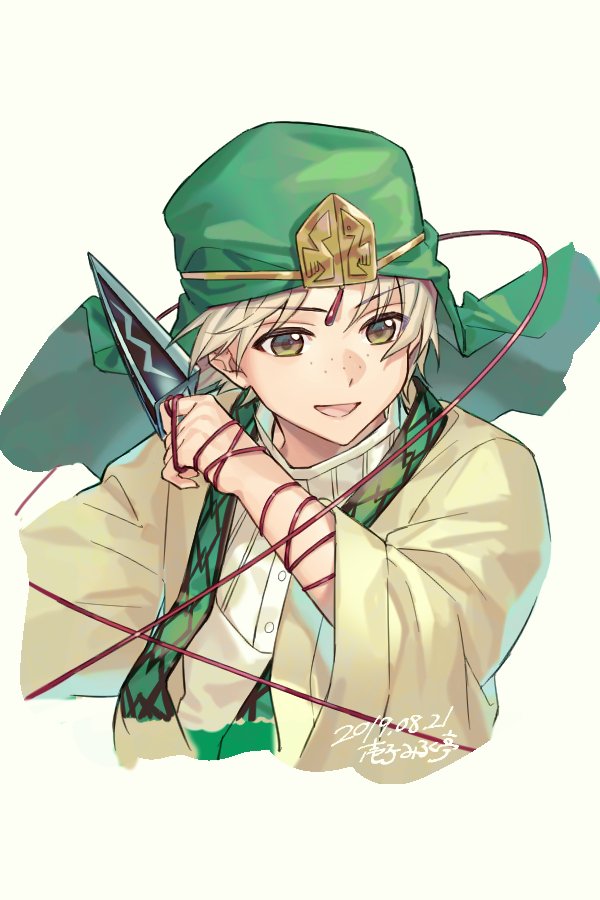 1boy, artist_name, bangs, blonde_hair, brown_eyes, dagger, dated, freckles, green_headwear, holding, holding_dagger, holding_weapon, ichiko_milk_tei, ja'far_(magi), keffiyeh, knife, magi_the_labyrinth_of_magic, male_focus, open_mouth, parted_bangs, portrait, robe, shirt, simple_background, smile, solo, string, string_of_fate, upper_body, weapon, white_shirt, wide_sleeves, yellow_robe