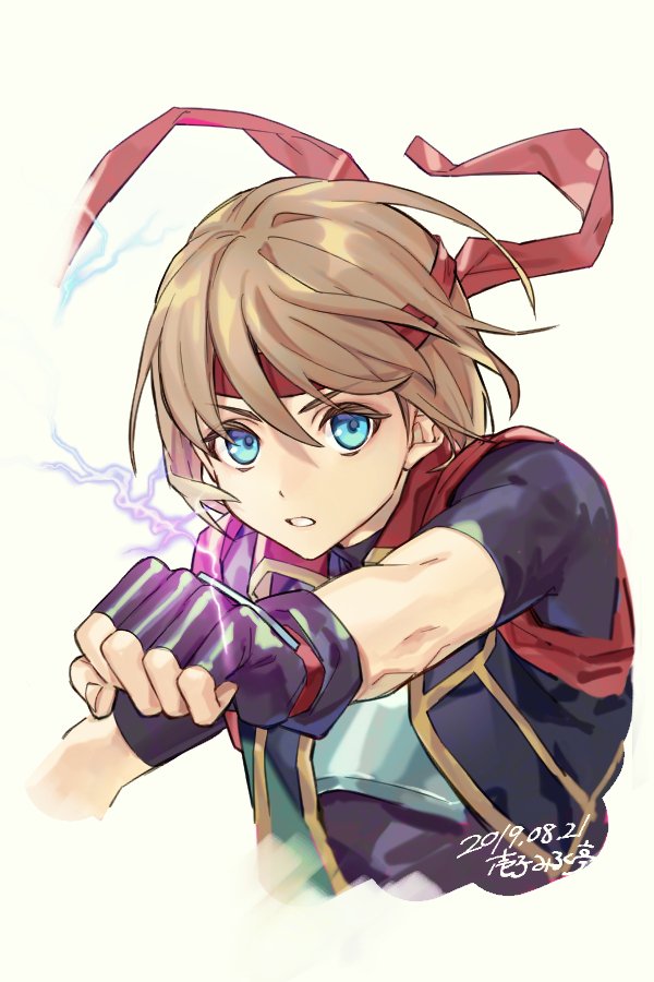 1boy, androgynous, aqua_eyes, artist_name, black_gloves, black_shirt, brown_hair, clenched_hand
