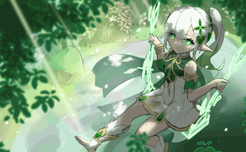 1girl, alternate_hairstyle, bangs, blurry, bracelet, cape, commentary_request, depth_of_field, detached_sleeves, dress, forest, from_above, genshin_impact, gradient_hair, green_eyes, hair_between_eyes, hair_ornament, highres, holding, jewelry, kaidi, long_hair, looking_at_viewer, looking_up, multicolored_hair, nahida_(genshin_impact), nature, pointy_ears, ponytail, short_sleeves, sidelocks, sitting, solo, stirrup_legwear, sunlight, swing, symbol-shaped_pupils, toeless_legwear, toes, tree_shade, white_dress, white_hair