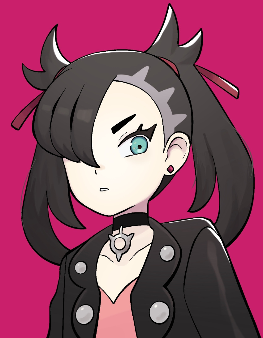 1girl, asymmetrical_bangs, bangs, black_choker, black_hair, black_jacket, chirosamu, choker