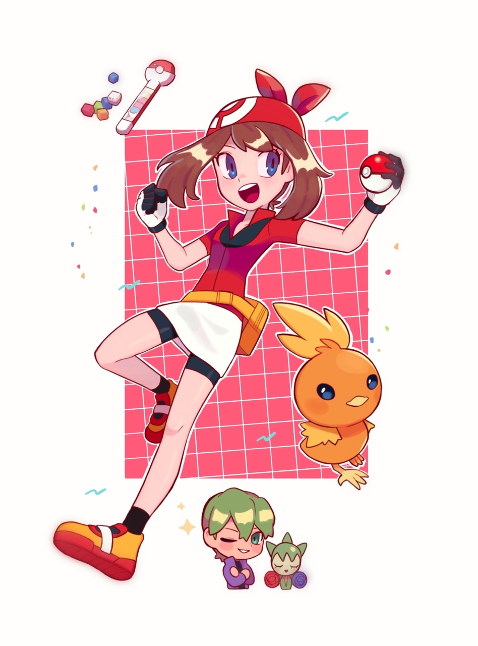 1boy, 1girl, :d, bandana, bangs, bike_shorts_under_skirt, black_socks, blue_eyes