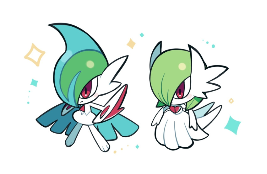 bangs, chibi, chirosamu, closed_mouth, colored_skin, commentary_request, gallade, gardevoir