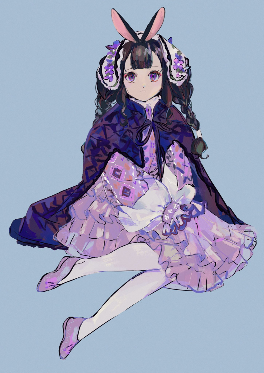 1girl, animal_ears, bangs, black_hair, blue_background, bow, braid, dress