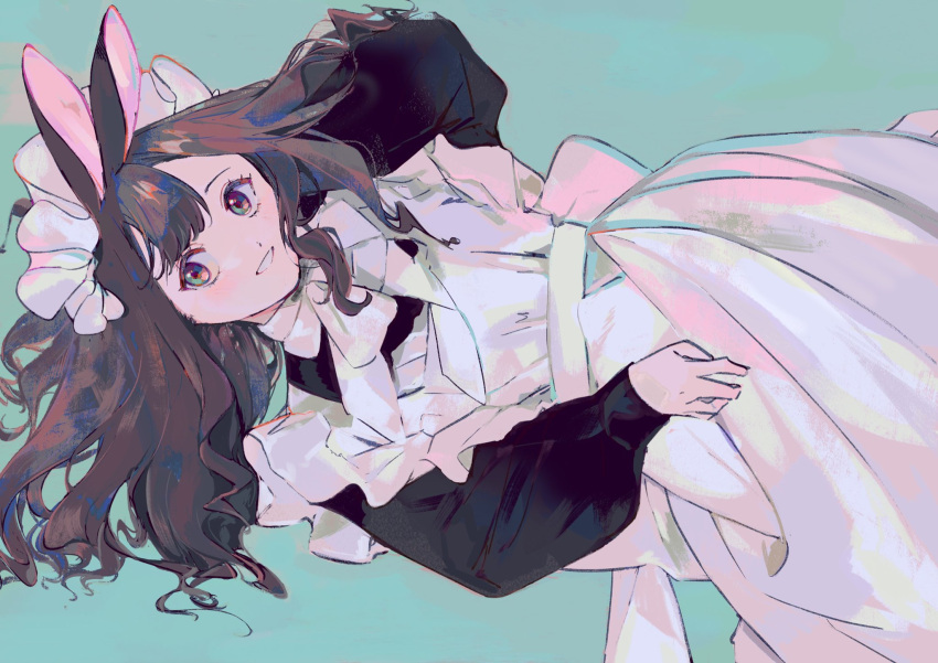 1girl, animal_ears, apron, bangs, black_dress, black_hair, blush, dress, frills, green_eyes, hat, highres, jamu_(yakinikuoi4), long_dress, long_hair, long_sleeves, lying, maid, maid_apron, maid_headdress, mob_cap, on_back, open_mouth, original, puffy_sleeves, simple_background, smile, solo, victorian_maid, white_apron