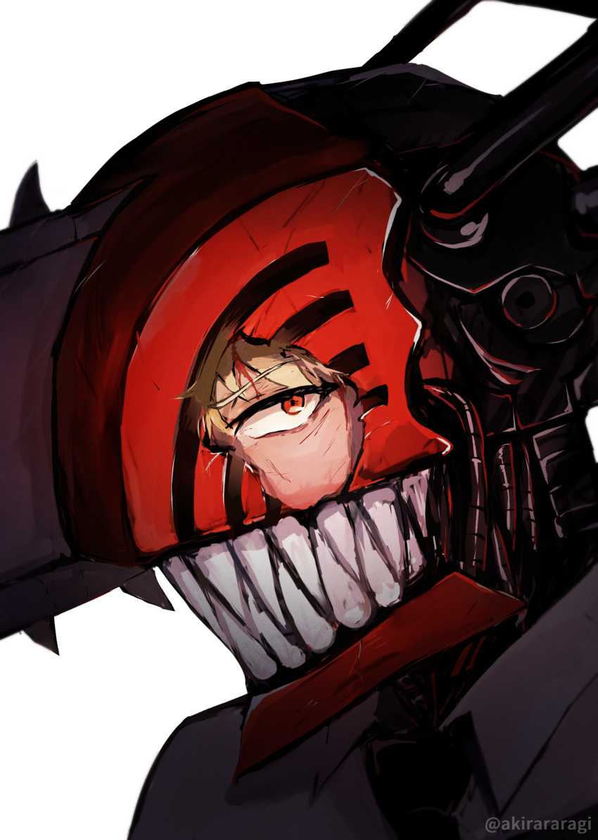 1boy, a-kiraa_(whisper), absurdres, blonde_hair, blood, blood_on_face, broken_helmet, chainsaw_man