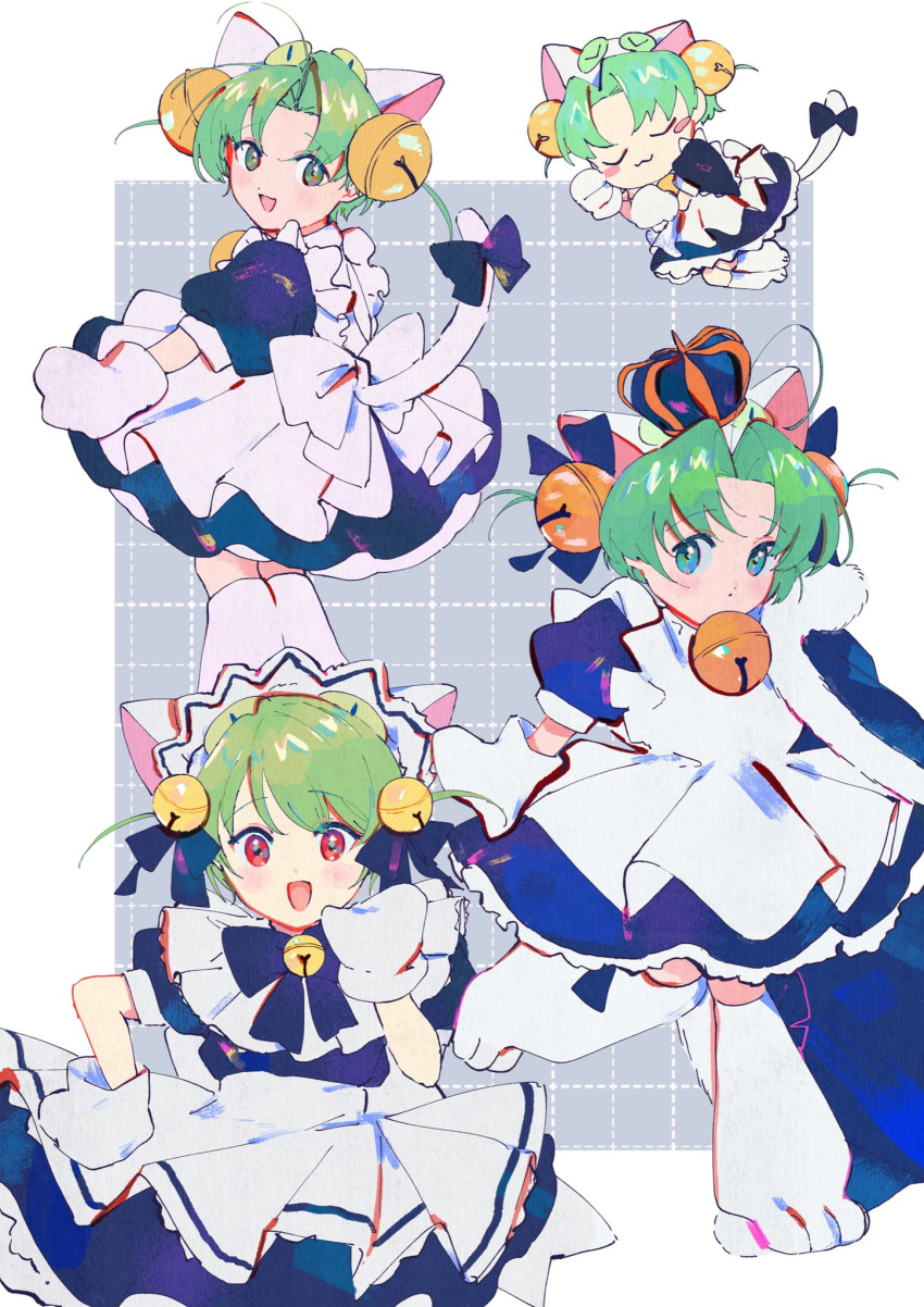 1girl, animal_ears, animal_hands, animal_hat, apron, bell, blush, bow