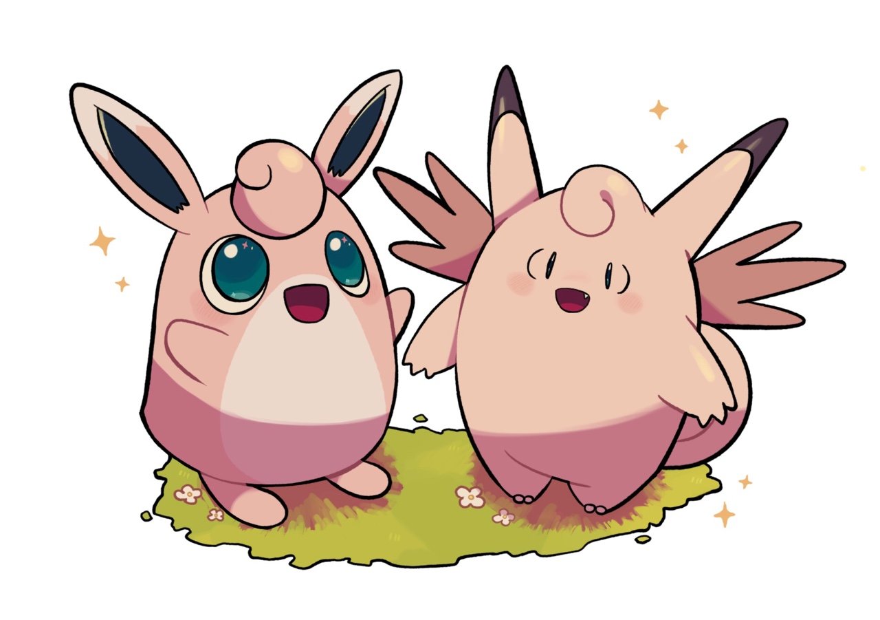 :d, chirosamu, clefable, commentary_request, fang, full_body, grass, green_eyes