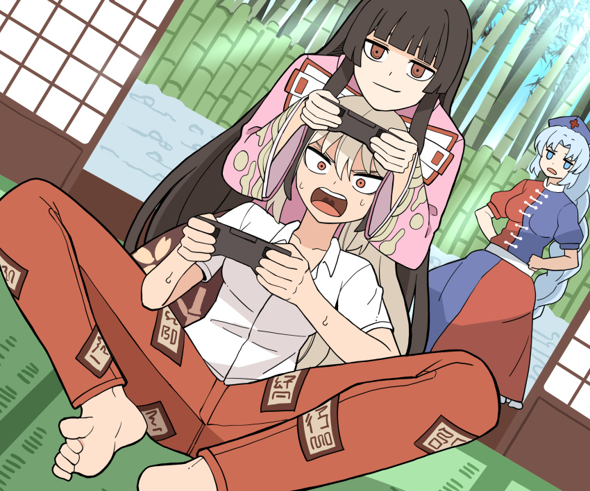 3girls, absurdres, baggy_pants, bamboo, bamboo_forest, bangs, barefoot, black_hair