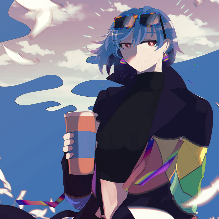 1girl, absurdres, alternate_costume, belt, black_shirt, blue_hair, blue_sky, earrings