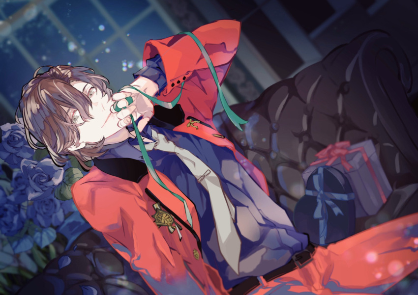 1boy, belt, black_belt, black_shirt, blue_flower, blue_rose, box, brown_hair