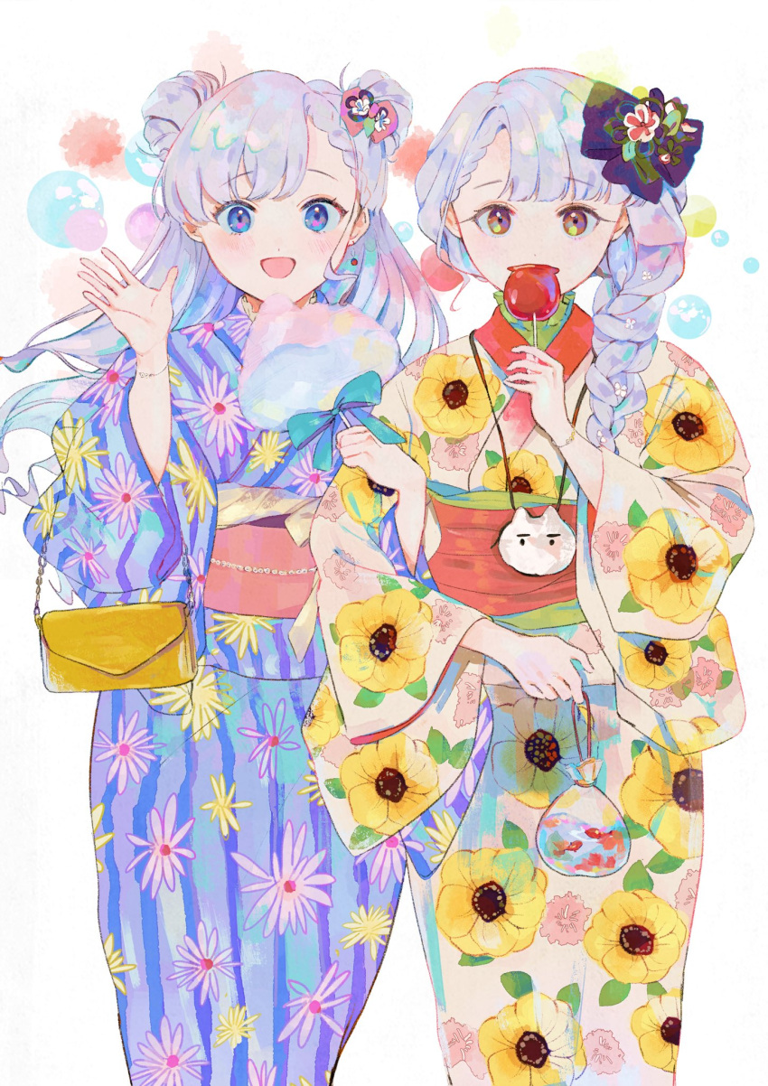 2girls, bag, bangs, blue_eyes, blush, bow, braid, brown_eyes