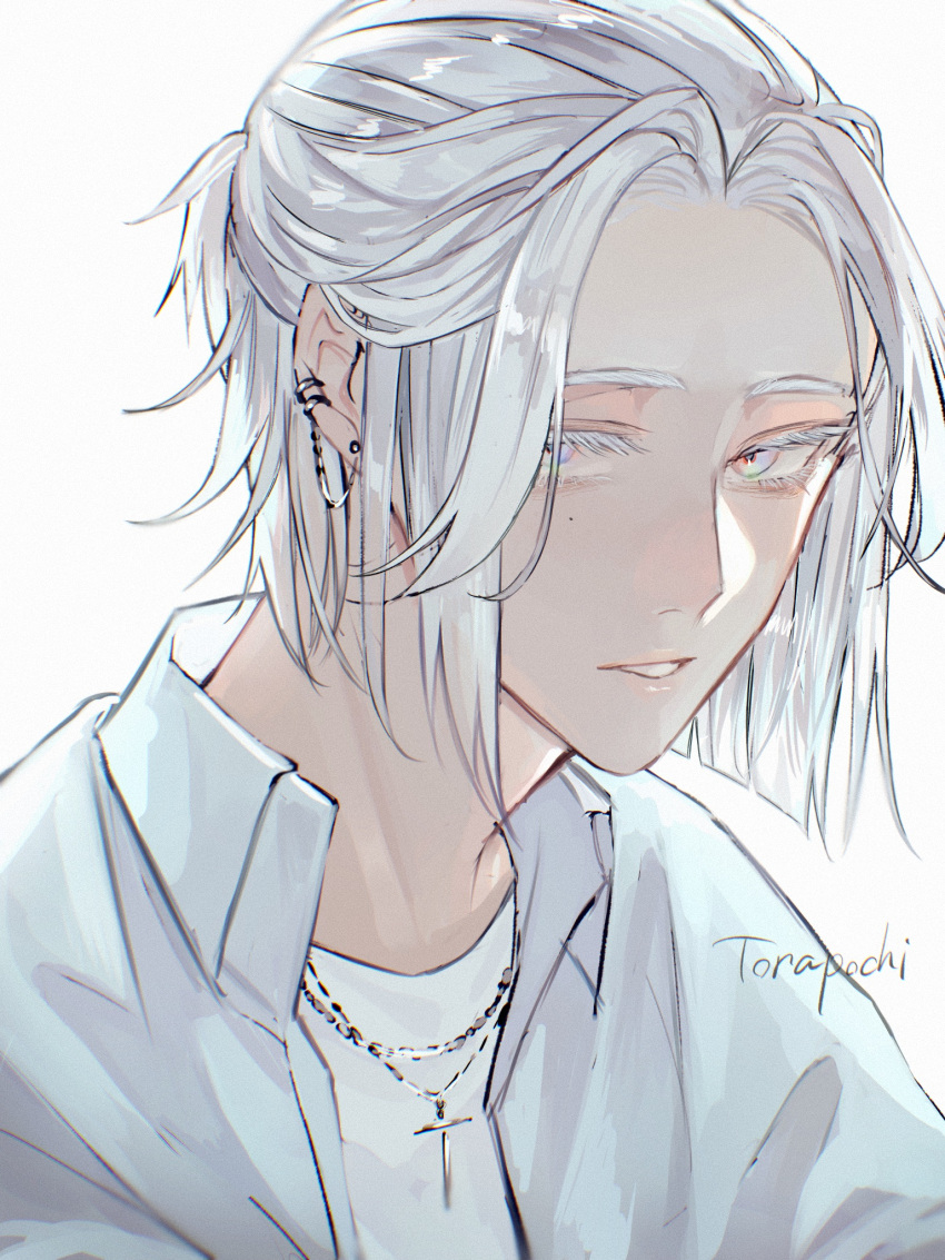 1boy, artist_name, bangs, collared_jacket, colored_eyelashes, cross, cross_necklace, ear_chain, earrings, hair_behind_ear, half_updo, highres, jacket, jewelry, looking_at_viewer, male_focus, mole, mole_under_eye, necklace, open_clothes, open_jacket, original, parted_bangs, parted_lips, shirt, short_hair, simple_background, solo, torapochi3, upper_body, white_background, white_eyes, white_hair, white_jacket, white_shirt, white_theme