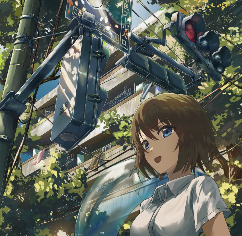 1girl, absurdres, bangs, blue_eyes, blue_sky, brown_hair, building, collared_shirt