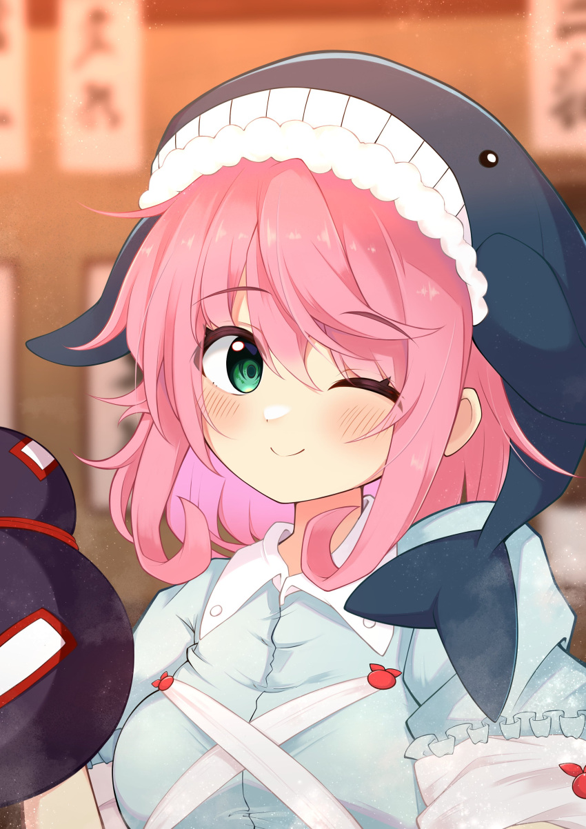1girl, absurdres, animal_hat, black_headwear, blue_shirt, blush, closed_mouth, gourd