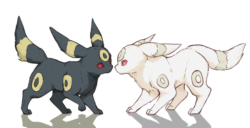 albino, alternate_color, black_fur, commentary_request, eye_contact, from_side, full_body, highres, leg_up, looking_at_another, no_humans, oimo_kenpi, pokemon, pokemon_(creature), red_eyes, standing, umbreon, white_background, white_fur