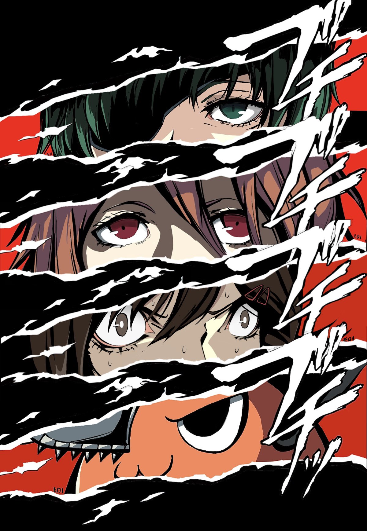 1boy, 2girls, angel_devil_(chainsaw_man), bangs, black_hair, brown_hair, chainsaw, chainsaw_man