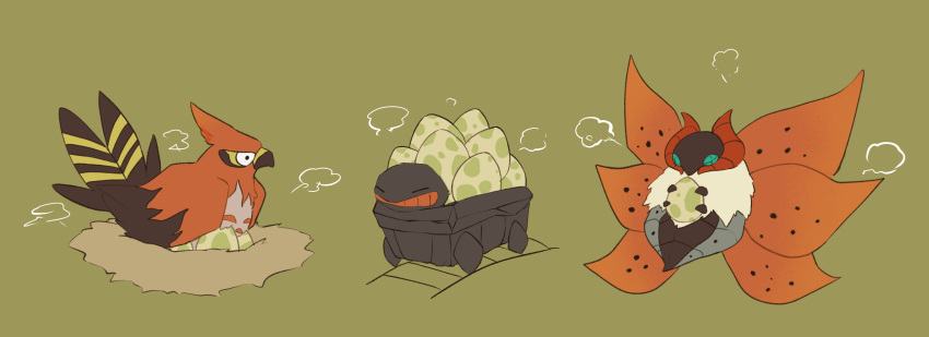 bird, black_eyes, bug, carkol, commentary_request, egg, flame_body_(pokemon), green_background, green_eyes, highres, holding, holding_egg, moth, no_humans, oimo_kenpi, pokemon, pokemon_(creature), pokemon_egg, railroad_tracks, simple_background, steam, talonflame, volcarona