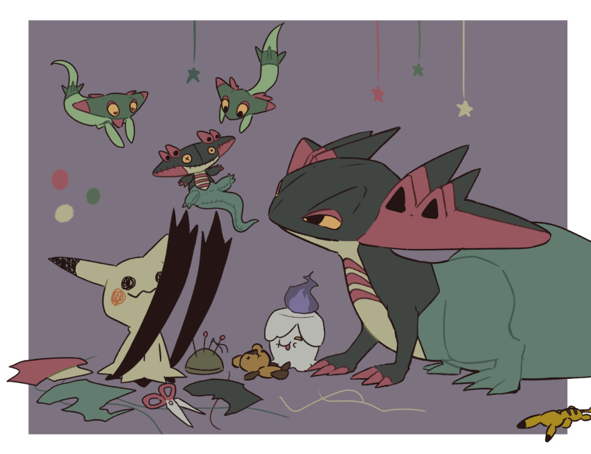 black_eyes, border, character_doll, color_guide, commentary_request, dragapult, dreepy, fire