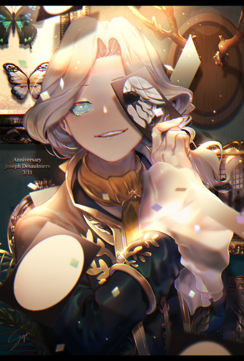 1boy, antlers, ascot, bangs, blue_eyes, blue_jacket, bug, butterfly, character_name, confetti, fingernails, framed_insect, frilled_sleeves, frills, gem, glint, hair_ribbon, happy_birthday, holding, holding_photo, identity_v, jacket, joseph_desaulniers, letterboxed, long_hair, looking_at_viewer, low_ponytail, male_focus, one_eye_covered, parted_bangs, parted_lips, photo_(object), picture_frame, plant, ribbon, sharp_fingernails, shirt, shun_(p-enguin), sleeve_cuffs, sleeves_past_wrists, smile, solid_eyes, solo, teeth, upper_body, upper_teeth, white_hair, white_shirt, yellow_ascot, yellow_ribbon
