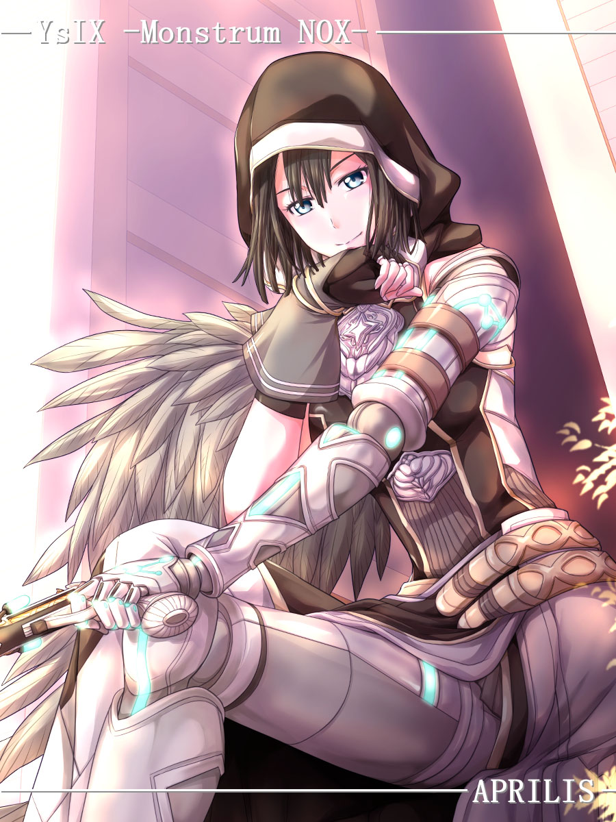 1girl, aprilis_(ys), black_hair, blue_eyes, fingerless_gloves, full_body, fur_collar, gloves, gun, handgun, highres, holding, holding_gun, holding_weapon, hood, short_hair, sitting, smile, solo, weapon, window, xiacheng_tatsuya, ys, ys_ix_monstrum_nox