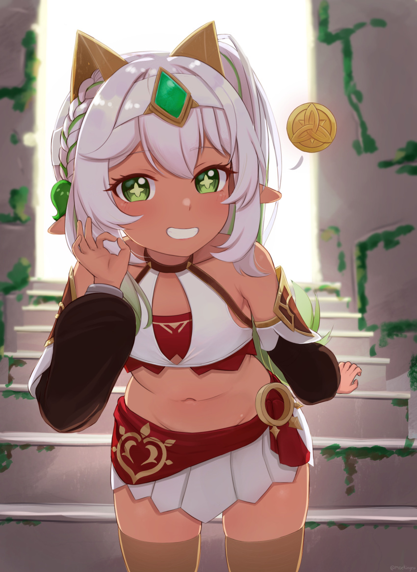 1girl, :d, absurdres, alternate_costume, alternate_skin_color, backlighting, bangs, blurry, braid, brown_thighhighs, choker, coin, commentary_request, cosplay, dark-skinned_female, dark_skin, depth_of_field, detached_sleeves, eremite_desert_clearwater_(genshin_impact), eremite_desert_clearwater_(genshin_impact)_(cosplay), genshin_impact, gradient_hair, grin, hair_between_eyes, hair_ornament, hairband, highres, indoors, leaning_forward, long_hair, long_sleeves, looking_at_viewer, mockingeu, money, mora_(genshin_impact), multicolored_hair, nahida_(genshin_impact), navel, pleated_skirt, pointy_ears, side_ponytail, sidelocks, single_braid, skirt, smile, solo, stairs, stomach, symbol-shaped_pupils, thigh-highs, zettai_ryouiki