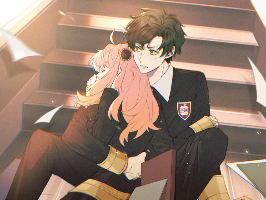 1boy, 1girl, aged_up, ahoge, anya_(spy_x_family), arm_around_waist, bangs, brown_hair, chinese_commentary, closed_eyes, commentary_request, damian_desmond, eden_academy_uniform, flying_paper, highres, hug, jiukuzi18797, long_hair, long_sleeves, looking_at_another, pants, paper, parted_lips, pink_hair, school_uniform, spy_x_family, stairs, yellow_eyes
