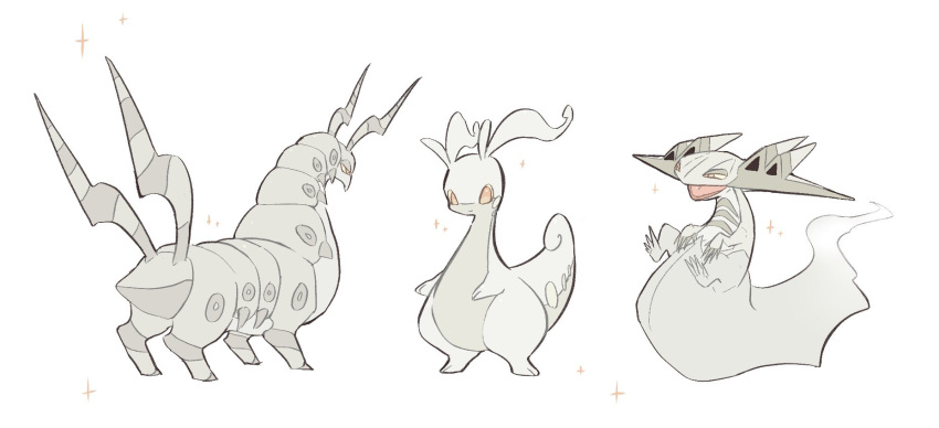 albino, closed_mouth, commentary_request, dragapult, goodra, highres, horns, no_humans