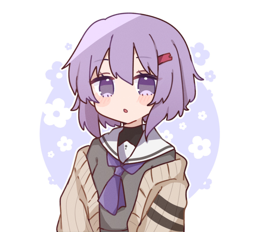 1girl, bangs, blush, cardigan, floral_background, flower, hair_ornament, looking_at_viewer, medium_hair, necktie, nepiui38, open_mouth, purple_hair, purple_necktie, school_uniform, serafuku, solo, sweater, upper_body, violet_eyes, voiceroid, white_background, yuzuki_yukari, yuzuki_yukari_(shizuku)