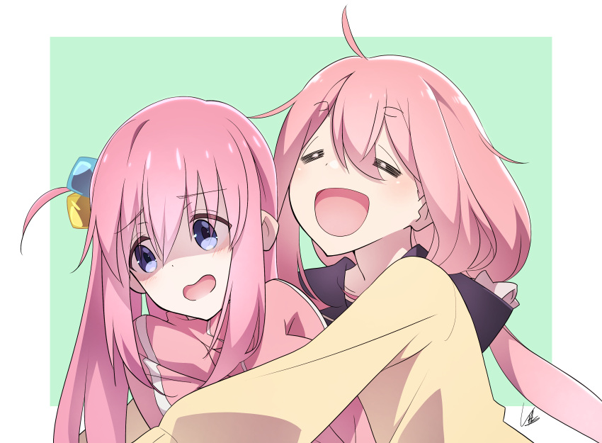 2girls, :d, =_=, absurdres, blue_eyes, bocchi_the_rock!, color_connection, commentary