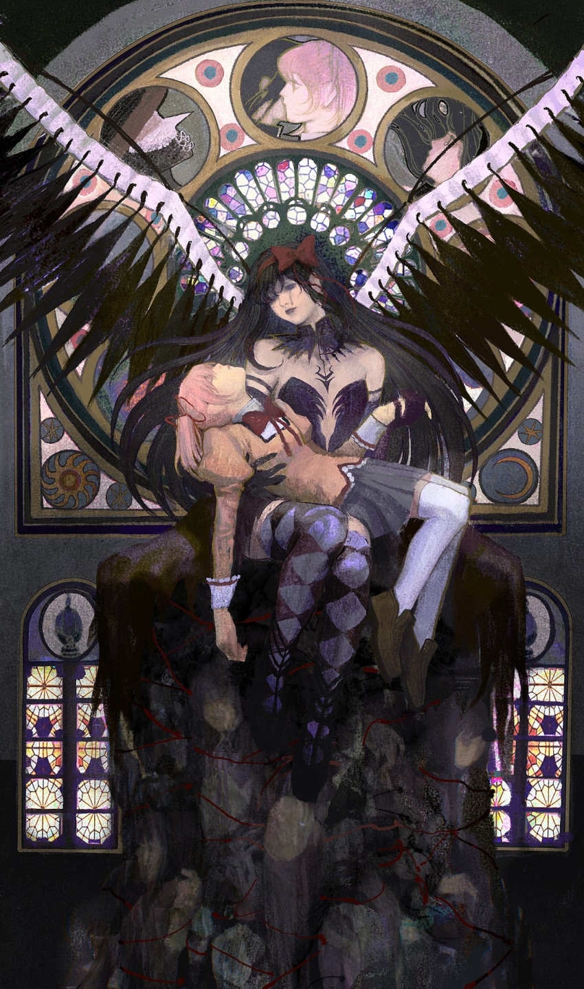 2girls, akemi_homura, akuma_homura, argyle, argyle_legwear, bangs, bare_shoulders, black_collar