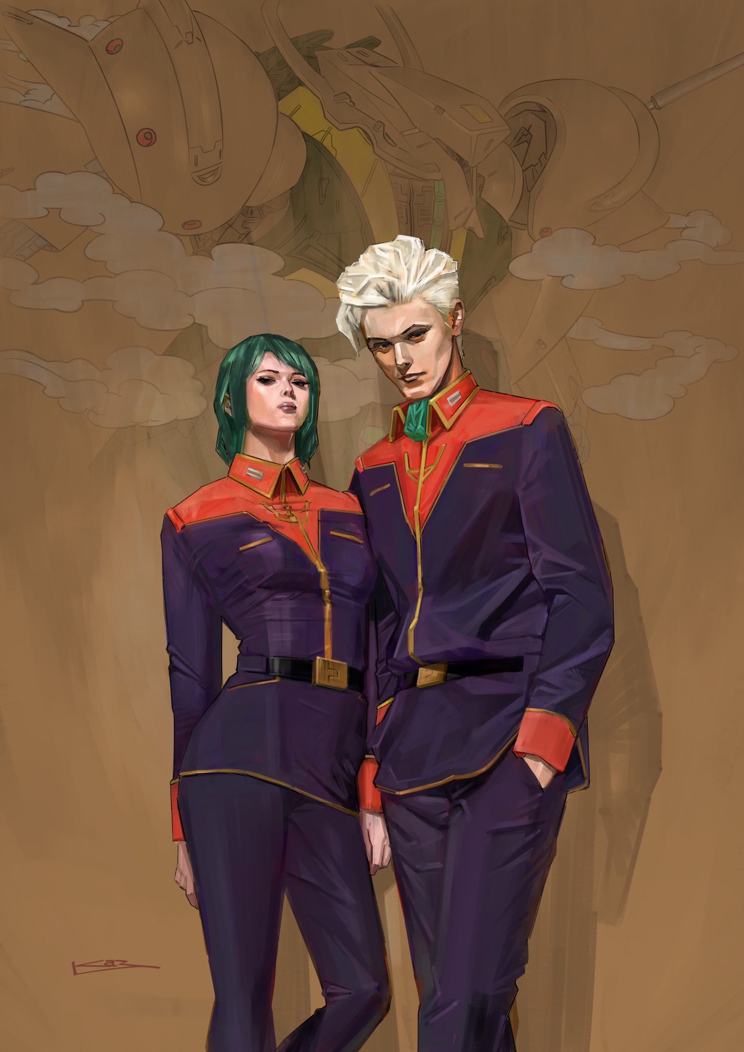 1boy, 1girl, belt, black_belt, black_eyes, blonde_hair, breasts, brown_background, frown, gabthley, green_hair, gundam, hair_behind_ear, hand_in_pocket, highres, jacket, jerid_messa, leaning_back, looking_at_viewer, mecha, medium_hair, military, military_uniform, mobile_suit, mouar_pharaoh, pants, purple_jacket, purple_pants, realistic, robot, science_fiction, small_breasts, smoke, titans_(gundam), toweling3, uniform, zeta_gundam