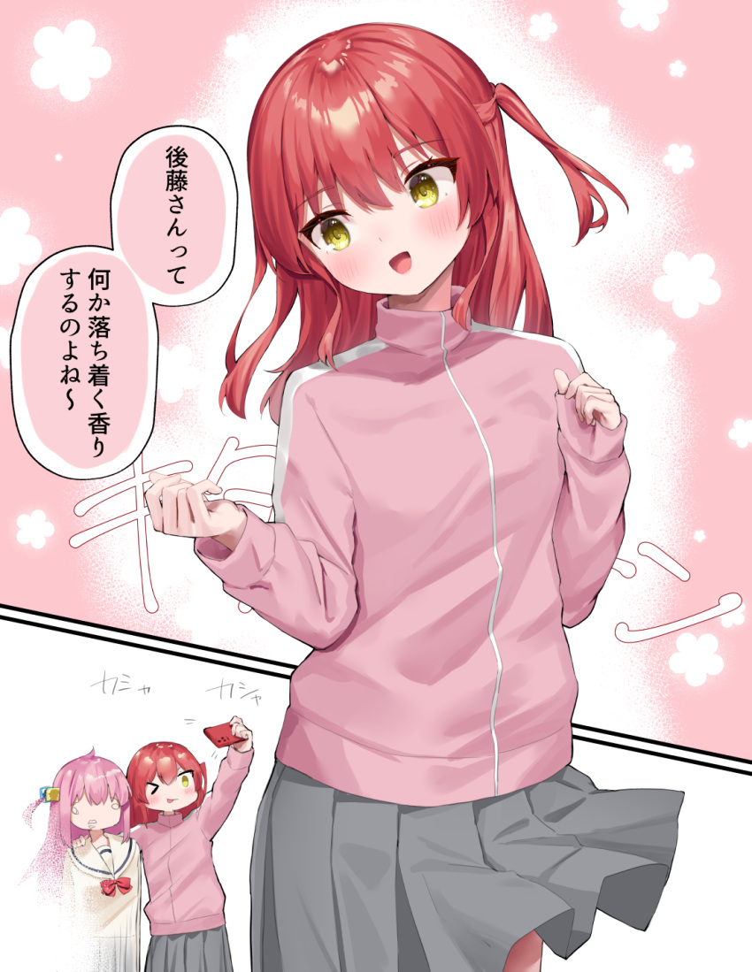 >_o, 2girls, :d, ;p, arm_up, blush, bocchi_the_rock!, brown_sailor_collar