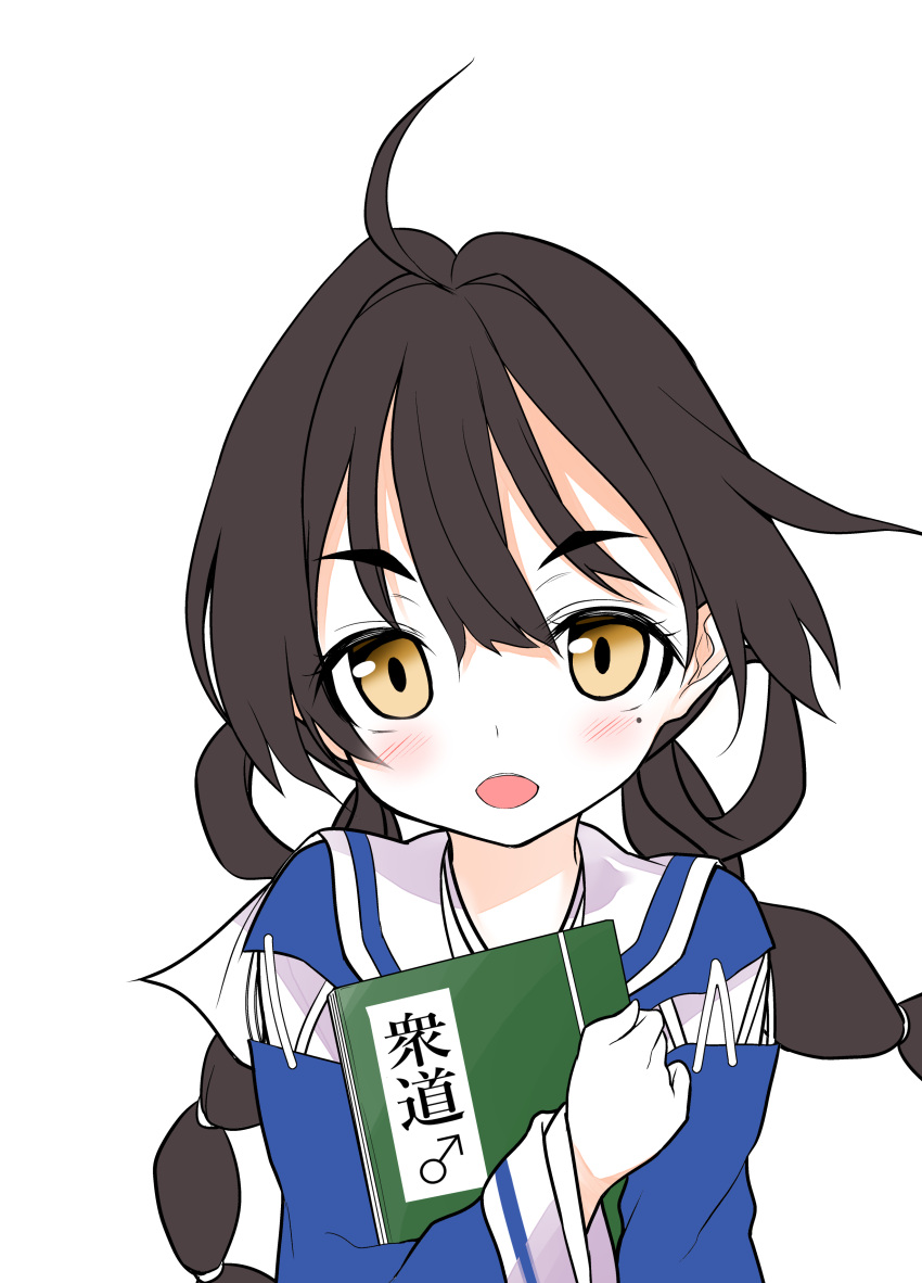 1girl, :d, absurdres, ahoge, bangs, black_hair, blue_shirt, blush, braid, brown_eyes, character_request, eiketsu_taisen, hair_between_eyes, highres, l-trap, long_hair, looking_at_viewer, low_twintails, mars_symbol, mole, mole_under_eye, object_hug, sailor_collar, shirt, simple_background, smile, solo, twin_braids, twintails, upper_body, white_background, white_sailor_collar
