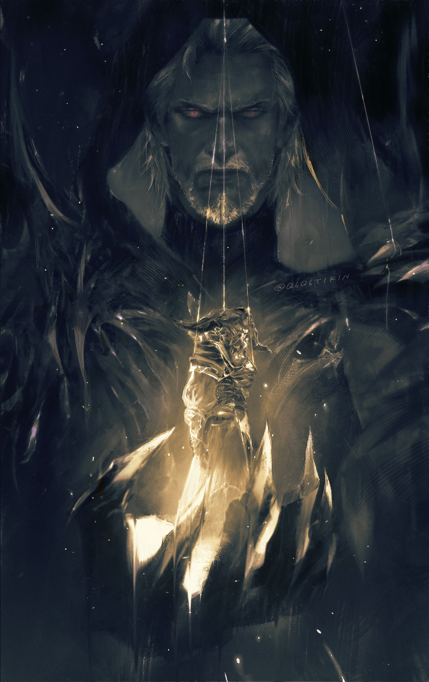 2boys, armor, beard, black_robe, breastplate, claw_ring, facial_hair, fake_horns, final_fantasy, final_fantasy_xiv, full_armor, gaius_van_baelsar, garlean, gauntlets, glowing, glowing_eye, grey_hair, helmet, highres, hood, hood_up, hooded_robe, horned_helmet, horns, in_palm, lahabrea, light_particles, male_focus, mature_male, multiple_boys, pauldrons, puppet_strings, q6q6tikin, realistic, red_eyes, robe, short_hair, shoulder_armor, signature, size_difference, spiked_pauldrons, standing, straight-on, turtleneck, twitter_username, upper_body