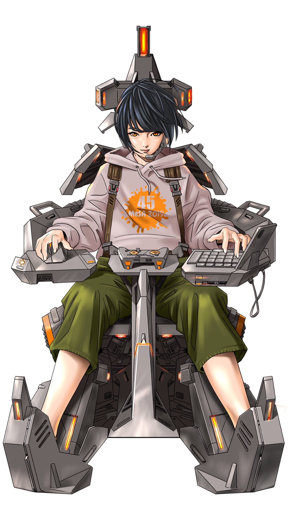 1girl, black_hair, cable, cockpit, controller, drawstring, game_controller, green_shorts