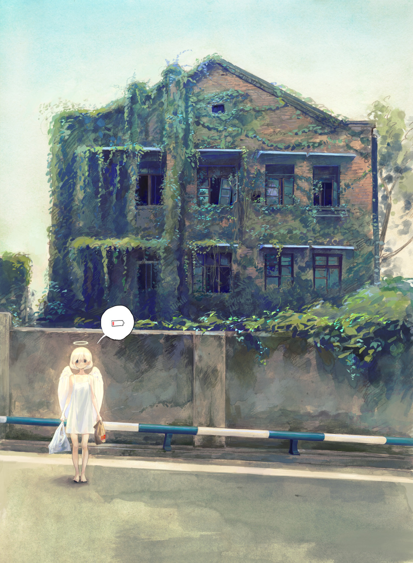 1girl, abandoned, absurdres, angel, angel_wings, bag, bangs, dress