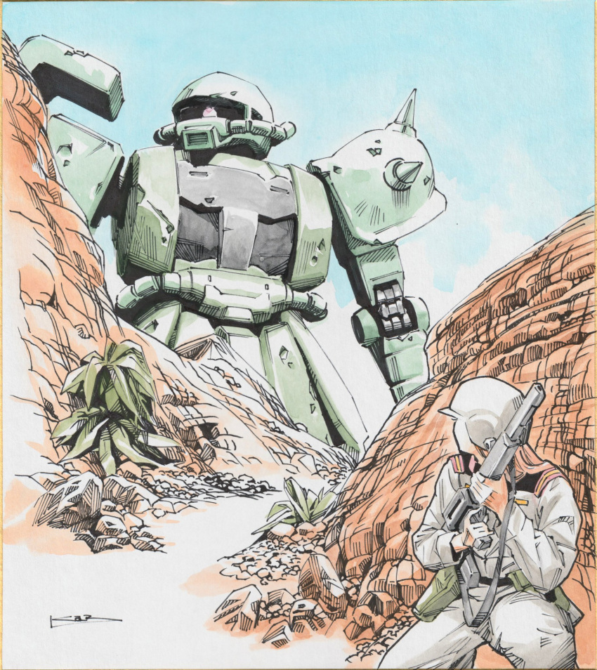 1girl, grey_jacket, grey_pants, gun, gundam, helmet, highres, holding