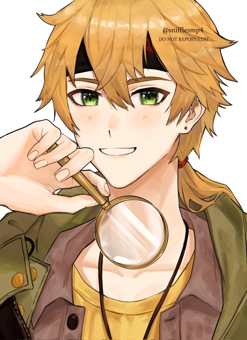 1boy, :d, artist_name, bangs, brown_hair, company_connection, cosplay, detective