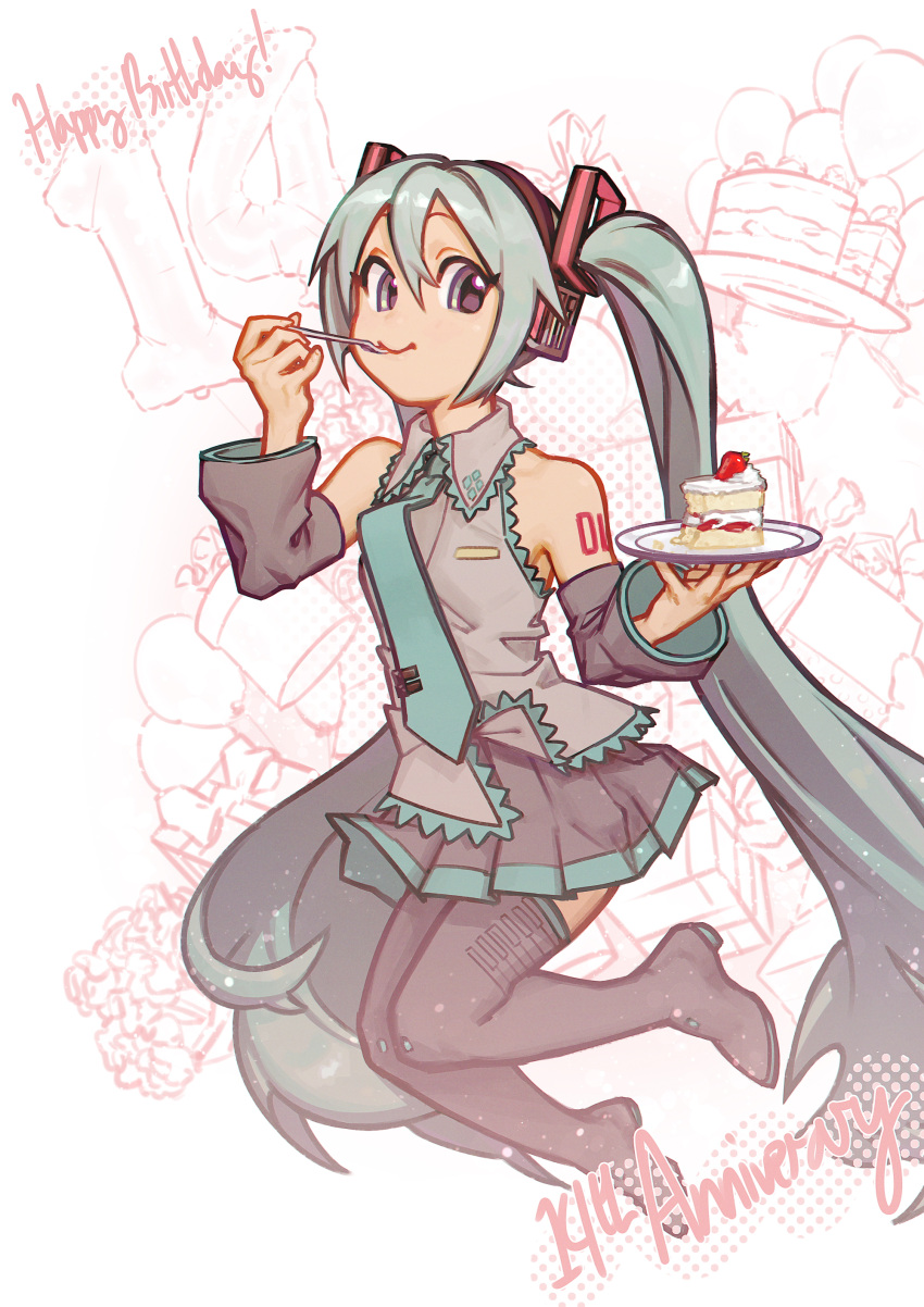 1girl, absurdres, anniversary, balloon, bangs, blue_hair, boots, brown_eyes, cake, cake_slice, detached_sleeves, food, fork, fruit, hair_ornament, happy_birthday, hatsune_miku, headphones, highres, holding, holding_food, holding_fork, holding_tray, irarugii, jumping, long_hair, long_sleeves, necktie, pleated_skirt, shirt, skirt, sleeveless, sleeveless_shirt, smile, solo, strawberry, strawberry_shortcake, thigh_boots, tray, twintails, utensil_in_mouth, very_long_hair, vocaloid